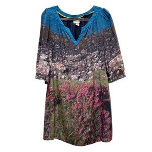 Anthropologie Meadow Rue 100% Silk Scotland Photo Landscape Floral Shift Dress 6